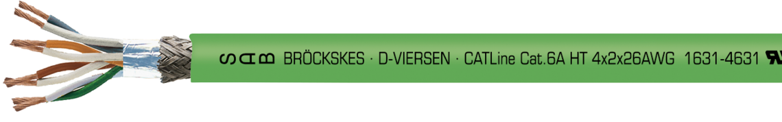 Voorbeeld markering: SAB BRÖCKSKES · D-VIERSEN · CATLine Cat.6A HT 4x2x26AWG UL AWM Style 21618 150°C 600V CE