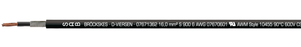 Voorbeeld markering voor S 900 (0767-1362): SAB BRÖCKSKES · D-VIERSEN · 0767-1362 16,0 mm² S 900 6 AWG 0767-0601 UL AWM Style 10455 90°C 600V CSA AWM I/II A/B 90°C 600V FT1 FT2 CE