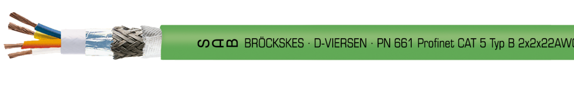 Voorbeeld markering voor PN 661 (0661-2202): SAB BRÖCKSKES · D-VIERSEN · PN 661 Profinet CAT 5 Type B 2x2x22AWG UL AWM Style 21080 75°C 300V CE