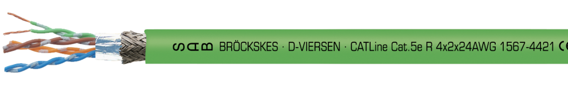 Halogeenvrije CAT 5e industriële ethernetkabel voor treinen en spoorwegindustrie, volgens EN 45545 Voorbeeld markering voor CATLin e CAT 5e R (1567-4421): SAB BRÖCKSKES • D-VIERSEN • CATLine Cat.5e R 4x2x24AWG 1567-4421 CE