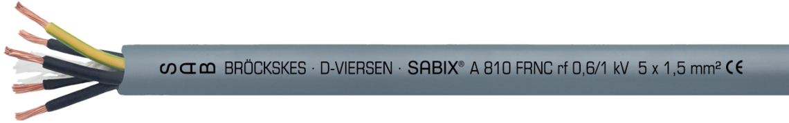 Voorbeeld markering voor SABIX® A 810 FRNC (6810-0515): SAB BRÖCKSKES · D-VIERSEN · SABIX® A 810 FRNC rf 0,6/1 kV 5 x 1,5 mm2 CE