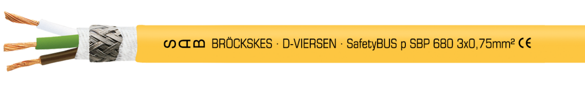 Voorbeeld markering voor SBP 680 (0680-3754): SAB BRÖCKSKES · D-VIERSEN · SafetyBUS p SBP 680 3 x 0,75 mm² CE en huidige metermarkering 1-999m