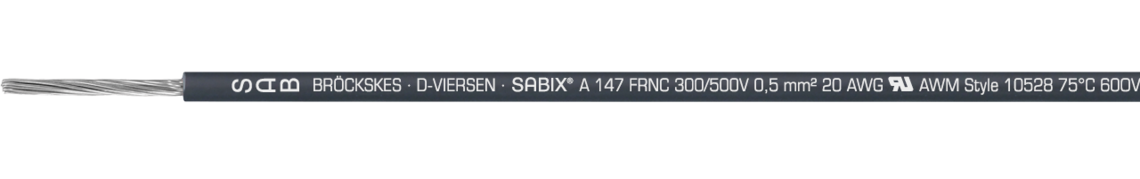 Voorbeeld markering voor SABIX® A 147 FRNC (6147-0150): SAB BRÖCKSKES · D-VIERSEN · SABIX® A 147 FRNC 300/500V 0,5 mm² 20 AWG UL AWM Style 10528 75°C 600V CE