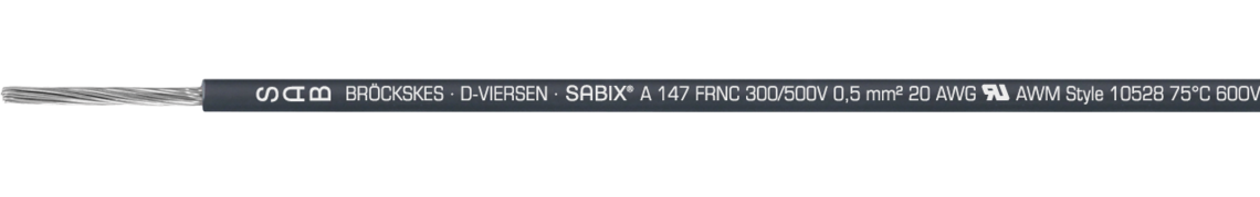 Voorbeeld markering: SAB BRÖCKSKES · D-VIERSEN · SABIX® A 147 FRNC 300/500V 0,5 mm² 20 AWG UL AWM Style 10528 75°C 600V CE