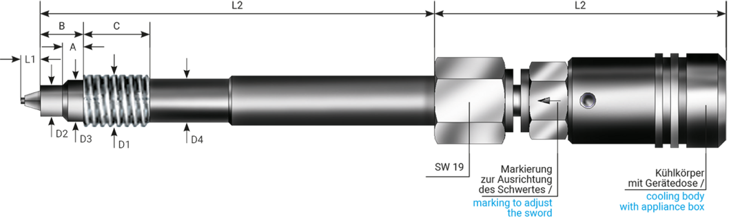 Massetemperaturfühler für die Temperaturerfassung von formbaren Kunststoffen in Extrudern, Einspritzformmaschinen und Einspritzwerkzeugen