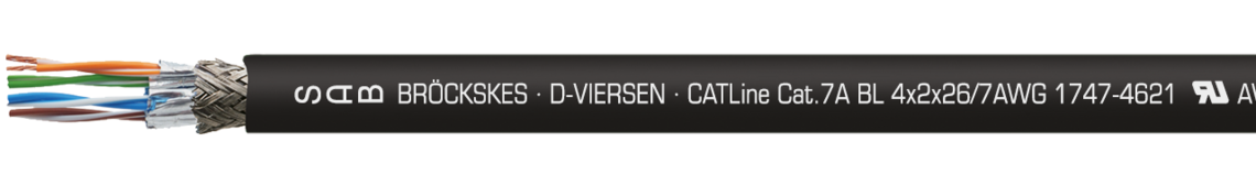 Voorbeeld markering: SAB BRÖCKSKES · D-VIERSEN · Cat.7A BL 4x2x26 AWG 1747-4421 UL AWM Style 21080 75°C 300V CE