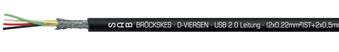 Voorbeeld markering: SAB BRÖCKSKES · D-VIERSEN · USB 2.0 UL (2 x 0,22 mm²) ST + 2 x 0,5 mm² 0601-0222 UL AWM Style 2655 80°C 300V CE