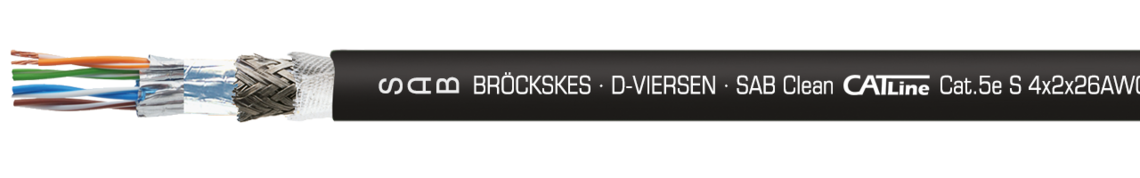 Industriele Ethernet CAT 5e Cleanroom kabel voor kabelrupssystemen Voorbeeld markerign SABclean CATLine CAT 5e S:
SAB BRÖCKSKES · D-VIERSEN · SABclean CATLine Cat.5e S 4x2x26AWG 1577-9001 UL AWM Style 20549 80°C 300V CE RoHS
