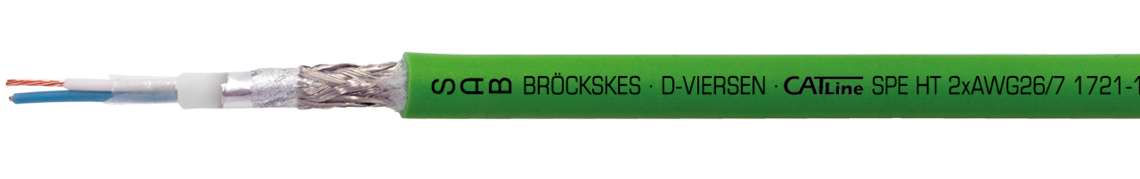 Voorbeeld markering: SAB BRÖCKSKES · D-VIERSEN · CATLine SPE HT 2xAWG26/7 1721-1620 UL AWM Style 4535 150°C 600V CE
