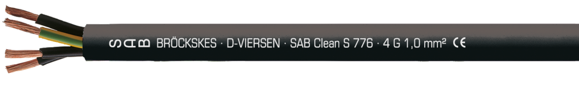 Voorbeeld markering SABclean S 776 37760410: SAB BRÖCKSKES · D-VIERSEN · SAB Clean S 776 · 4 G 1,0 mm² CE RoHS en lopende metermarkering