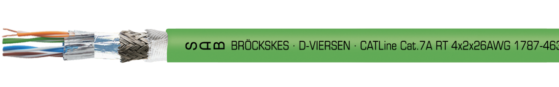 Voorbeeld markering voor CATLine CAT 7A RT: SAB BRÖCKSKES · D-VIERSEN · CATLine Cat.7A RT 4x2x26AWG 1787-4631 UL AWM Style 20549 80°C 300V CSA AWM I/II A/B 80°C 300V FT2 CE