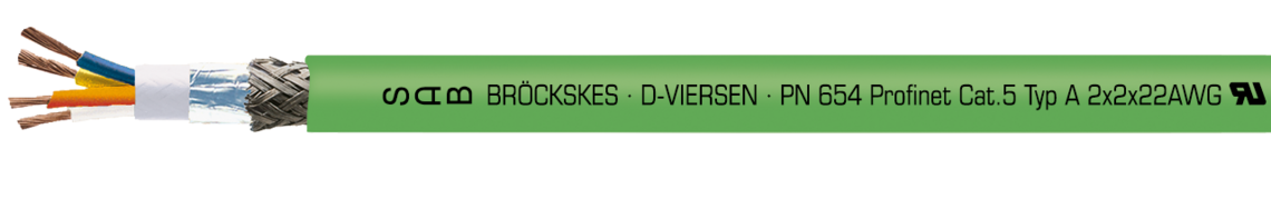 Voorbeeld markering voor PN 654 (0654-9002): SAB BRÖCKSKES · D-VIERSEN · PN 654 UL Profinet CAT 5 Type A 2x2x22AWG UL AWM Style 2464 80°C 300V CE