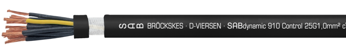 Dauerflexible, robotertaugliche PUR-Steuerleitung, robust, ölbeständig und flammwidrig Aufdruck-Beispiel:
SAB BRÖCKSKES · D-VIERSEN · SABdynamic 910 Control 25G1,0mm² cULus AWM Style 21209 AWM I/II A/B 90°C 600V FT1 FT2 0910-2510 CE