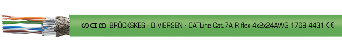 Halogeenvrije CAT 7A industriële ethernet kabel, continu flexibel toepasbaar in treinen en spoorwegindustrie, volgens EN 45545 Voorbeeld markering: SAB BRÖCKSKES · D-VIERSEN · CATLINE Cat.7 A R flex 4x2x24AWG 1769-4431 CE
