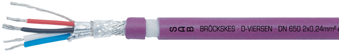 Voorbeeld markering voor DN 650 (0650-2241): SAB BRÖCKSKES · D-VIERSEN · DN 650 2x0,24 mm² + 2x0,38 mm² 0650-2241 24 AWG/1pr + 22 AWG/1pr Low Voltage Computer Cable UL AWM Style 2560 60°C 30V