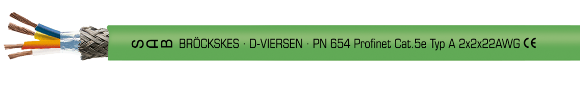 Voorbeeld markering voor PN 654 (0654-2202): SAB BRÖCKSKES · D-VIERSEN · PN 654 Profinet CAT 5 Type A 2x2x22AWG CE