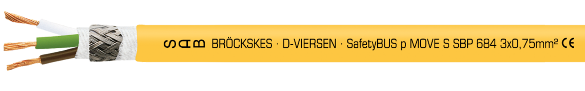 Voorbeeld markering voor S SBP 684 Move (0684-3754): SAB BRÖCKSKES · D-VIERSEN · SafetyBUS p MOVE S SBP 684 3 x 0,75 mm² CE en huidige metermarkering van 1-999m