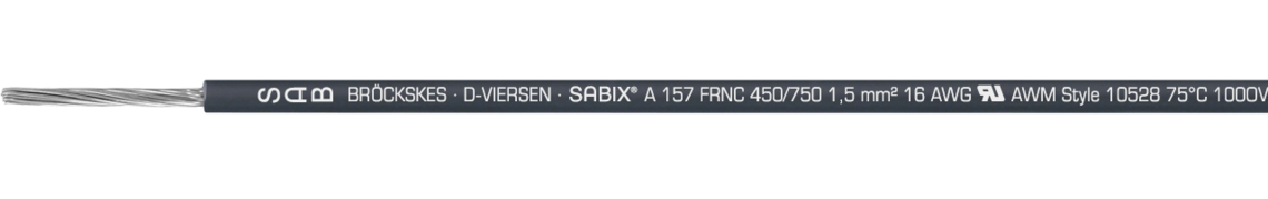 Voorbeeld markering voor SABIX® A 157 FRNC (6157-0182): SAB BRÖCKSKES · D-VIERSEN · SABIX® A 157 FRNC 450/750V 1,5 mm² 16 AWG UL AWM Style 10528 75°C 1000V CE