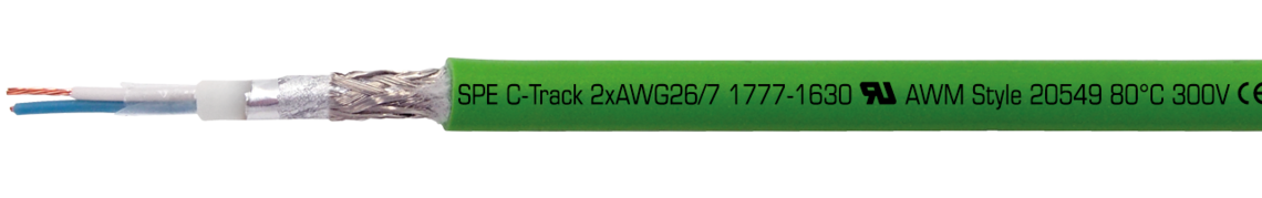 Voorbeeld markering voor CATLine SPE C-Track: SAB BRÖCKSKES · D-VIERSEN · CATLine SPE C-Track 2xAWG26/7 1777-1630 UL AWM Style 20549 80°C 300V CE